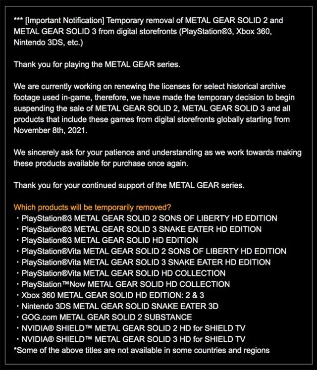 Daftar gim Metal Gear yang dicabut sementara - Konami.
