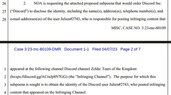 Salah satu tuntutan Nintendo of America Inc. pada Discord.