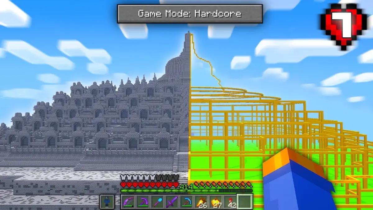 Proses pembuatan Candi Borobudur di Minecraft. (Sumber: Youtube @Baww)