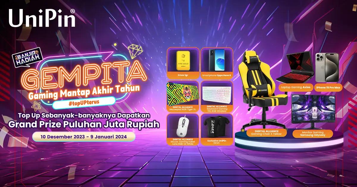 Bonus dan promo Gempita: Gaming Mantap Akhir Tahun ini dihadirkan selama 10 Desember 2023 - 9 Januari 2024, yang dihadirkan UniPin bekerja sama dengan Digital Alliance dan berbagai partner lainnya (FOTO: UniPin)