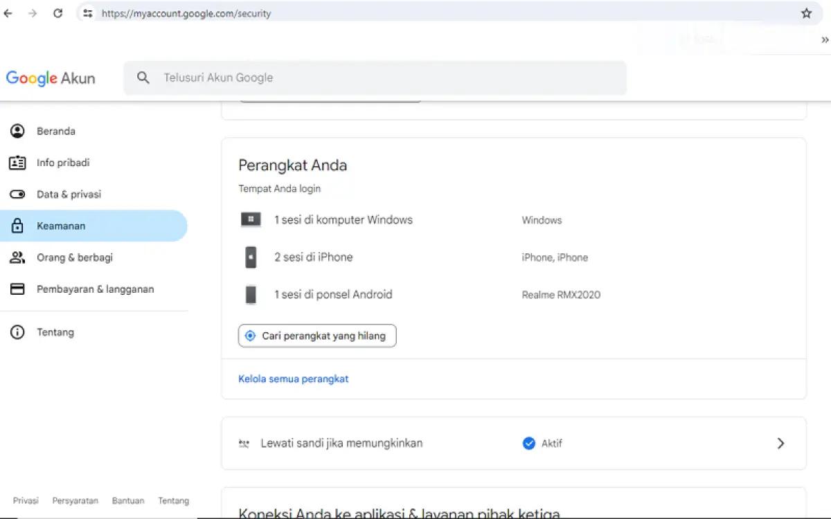 Ilustrasi cek jumlah perangkat yang terhubung di akun Google (FOTO: Indogamers)