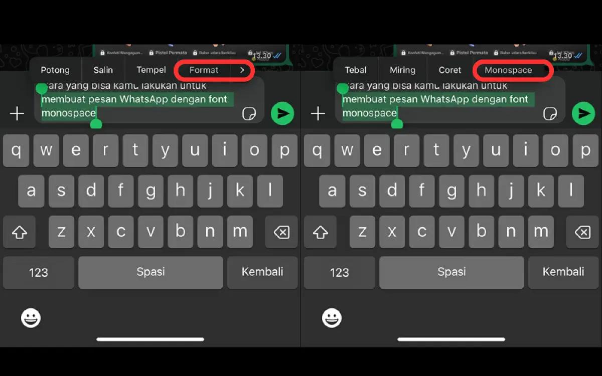 Ilustrasi membuat pesan WhatsApp dengan font monospace (FOTO: Indogamers)