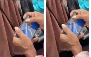 Tangkapan layar seorang bapak santai bermain game Snake di KRL. (FOTO: via X/@candalucu)