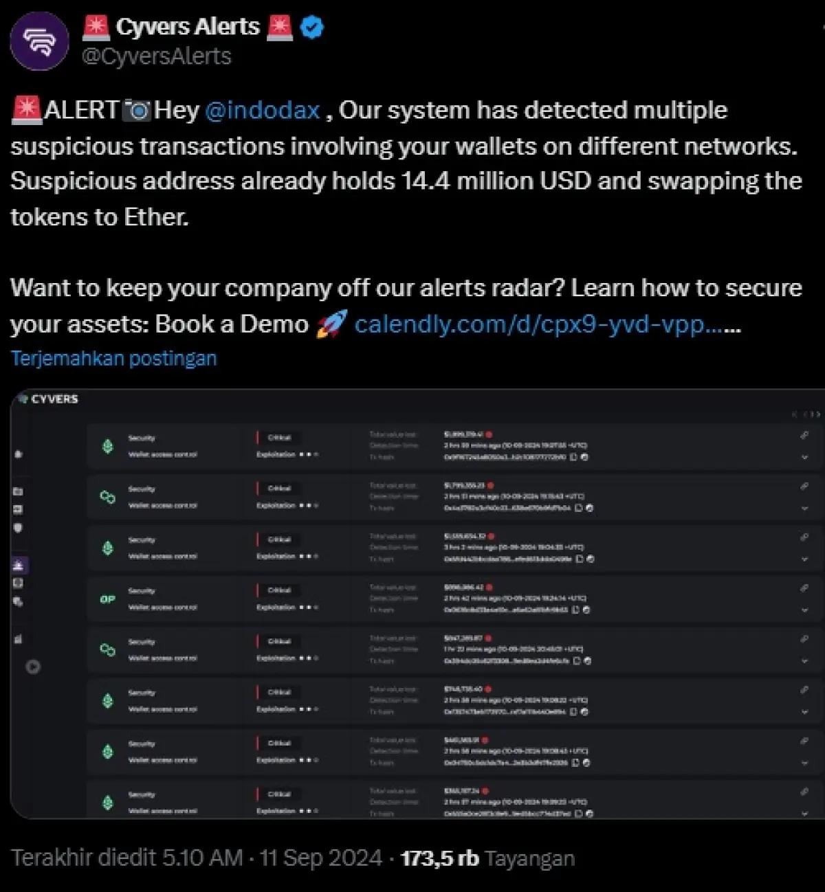 Tweet awal yang memperingatkan ada transaksi mencurigakan di Indodax. (Sumber: Cyvers Alerts)