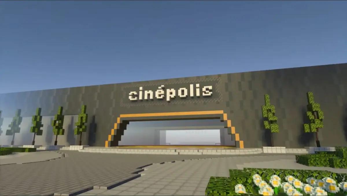 Tangkapan layar Cinépolis Virtual Cinema Experience di Minecraft, menampilkan fasad gedung bioskop yang dirancang khusus. (FOTO: Dok. Cinépolis)