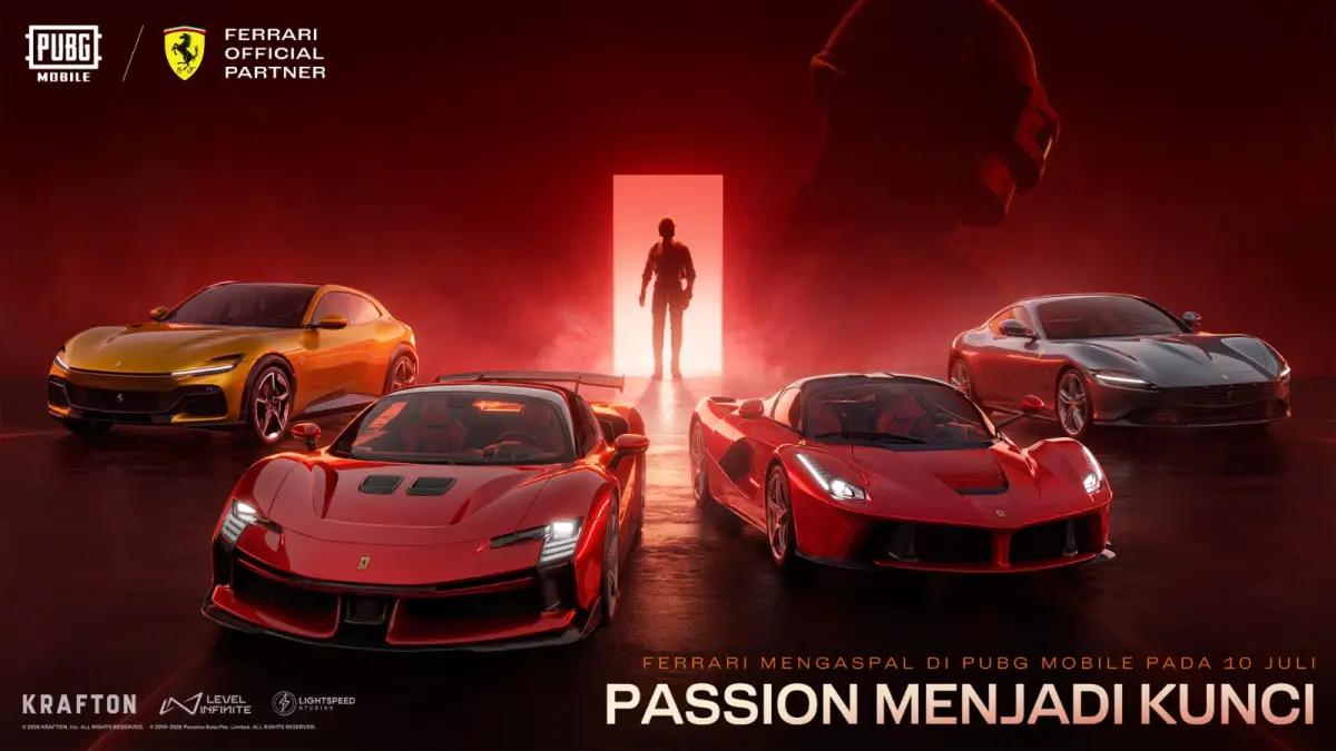 PUBG MOBILE resmi berkolaborasi dengan Ferrari dan Scuderia Ferrari HP. Hadirkan empat mobil ikonik, mobil F1, serta item eksklusif hingga 7 September 2026 (FOTO: Dok.PUBG Mobile)