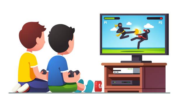 Two boys kids sitting at tv screen with gamepad controllers playing fighting console video game together. Children gamers cartoon characters. Gaming entertainment, leisure. Flat vector illustration